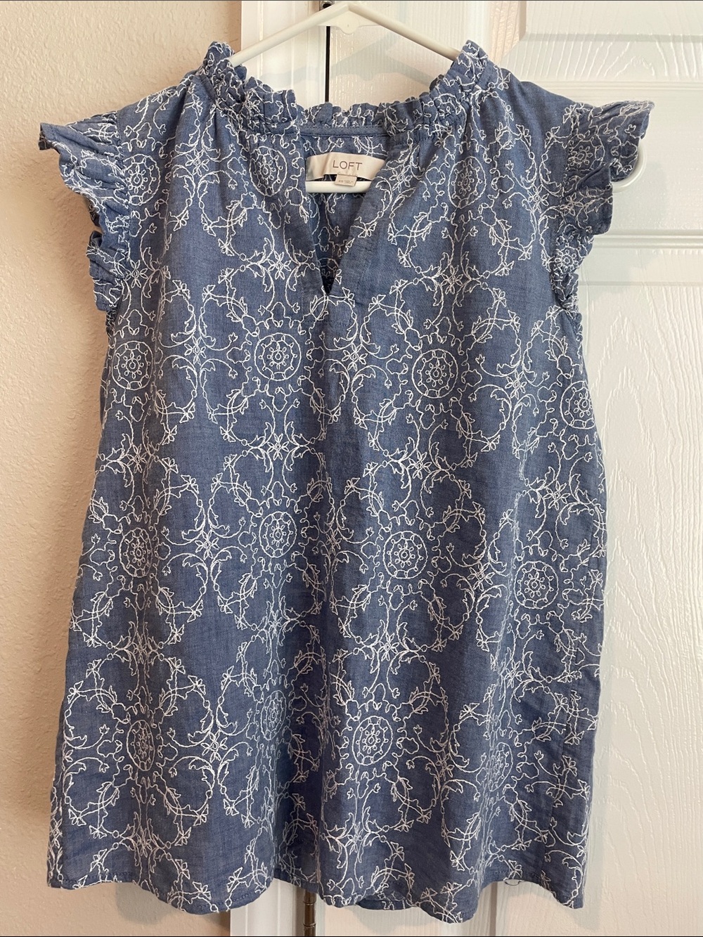 LOFT Blue Embroidery Design Top Size XS